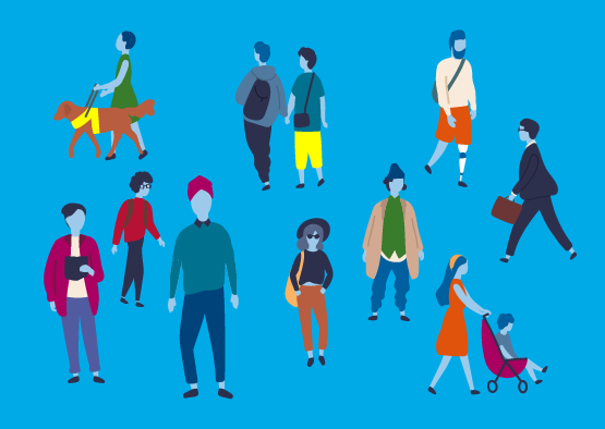 Image showing illustrated figures representing different people who might claim Universal Credit, including a guide dog user, a couple, a parent and people in work.